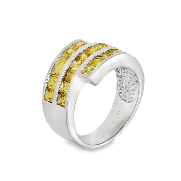 Ladies 9ct White Gold 3 Row Yellow Stone Dress Ring