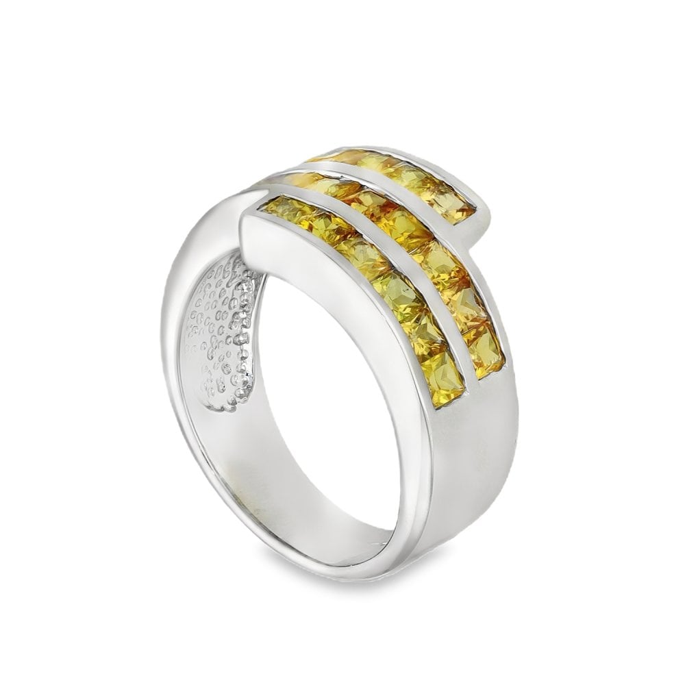 Ladies 9ct White Gold 3 Row Yellow Stone Dress Ring