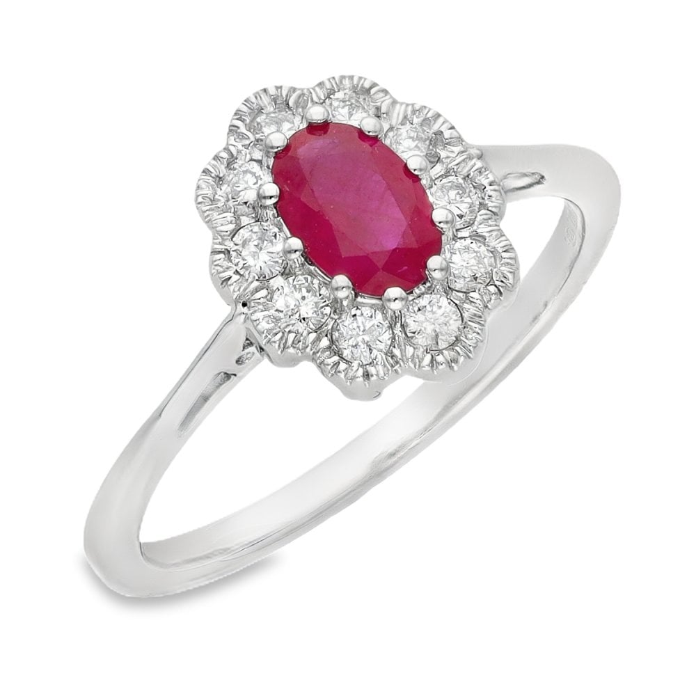 Ladies 18ct White Gold Diamond & Oval Ruby Cluster Ring