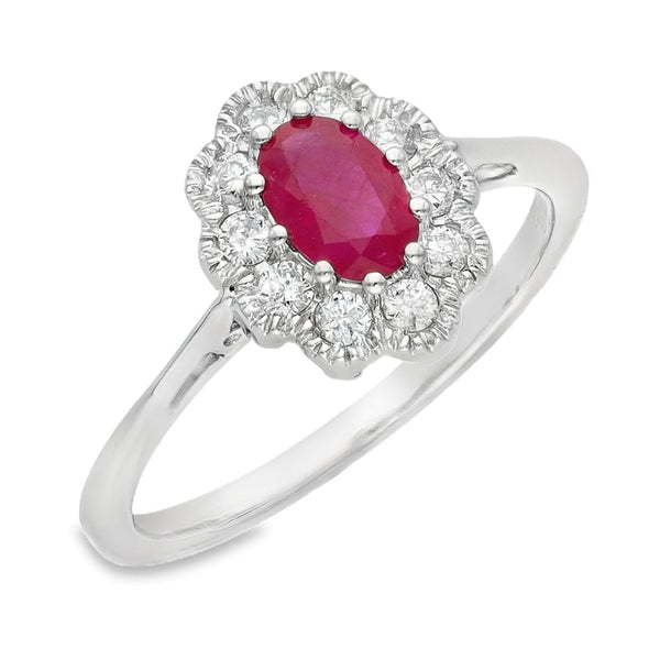 Ladies 18ct White Gold Diamond & Oval Ruby Cluster Ring
