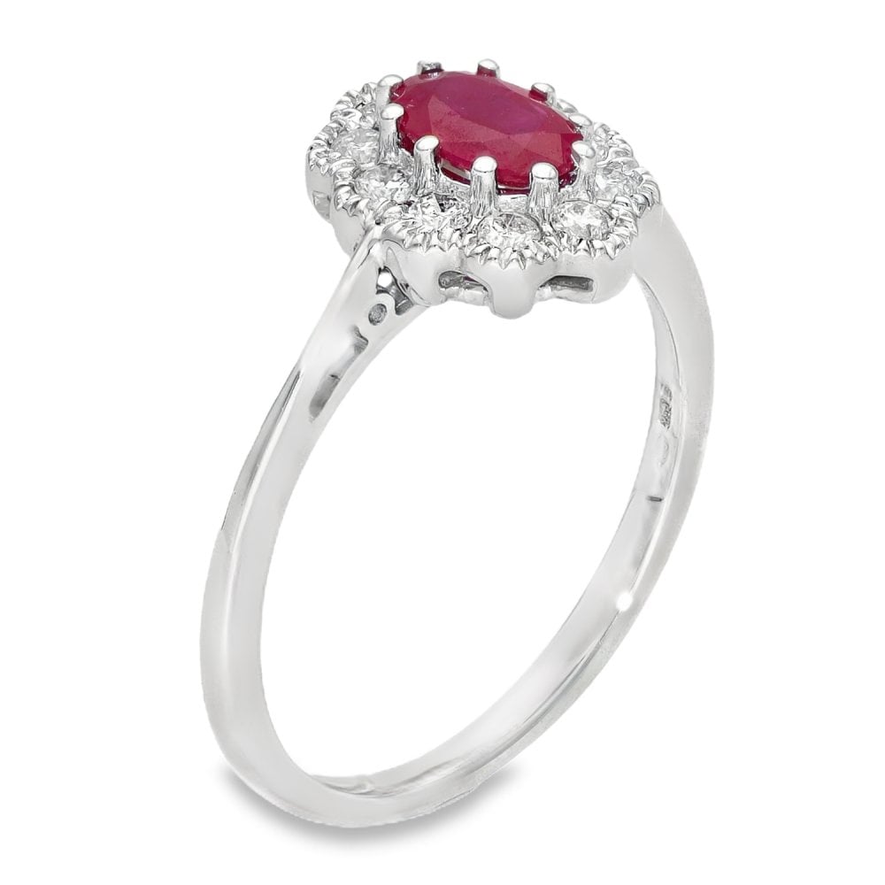 Ladies 18ct White Gold Diamond & Oval Ruby Cluster Ring