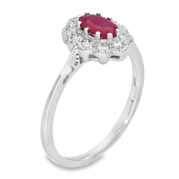 Ladies 18ct White Gold Diamond & Oval Ruby Cluster Ring