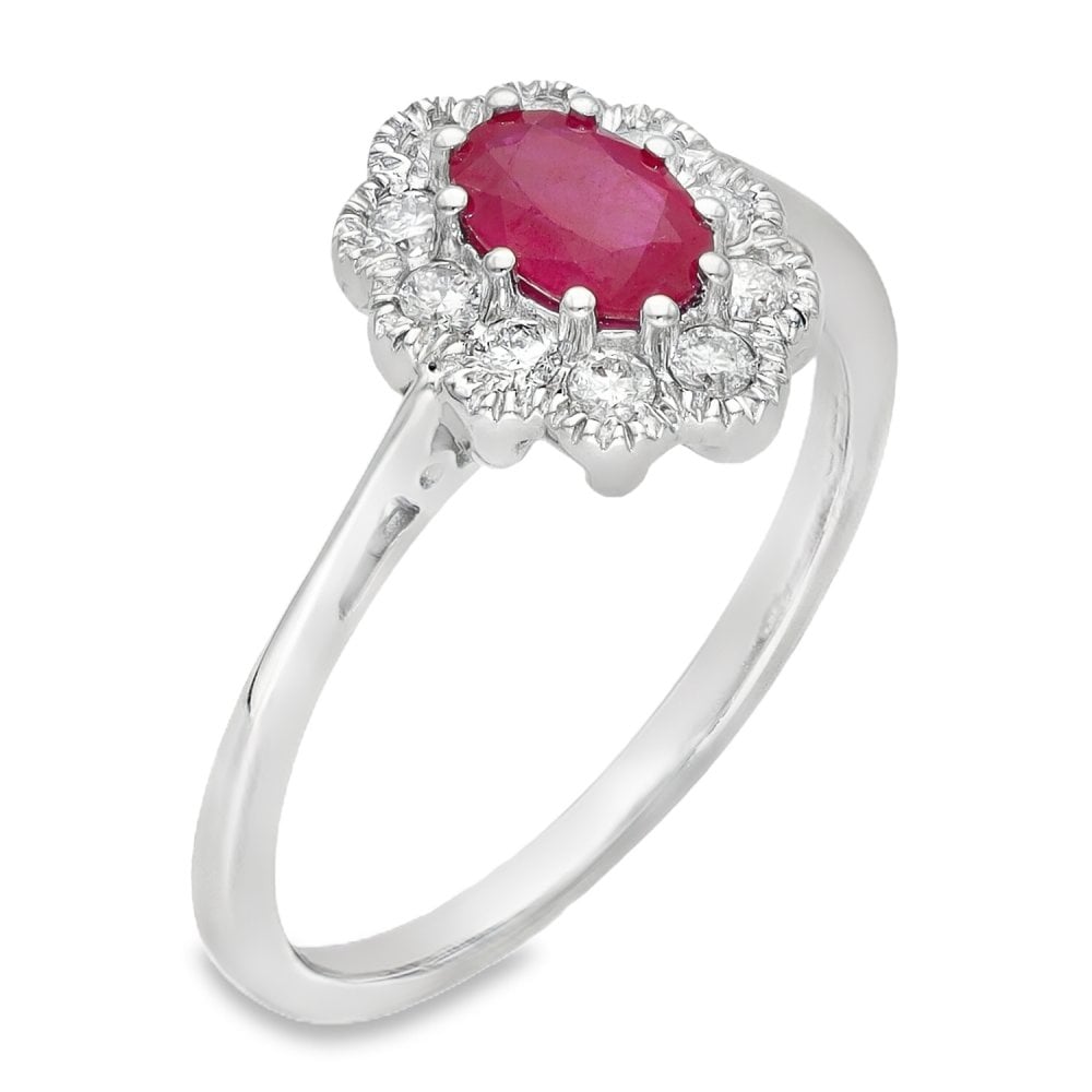 Ladies 18ct White Gold Diamond & Oval Ruby Cluster Ring