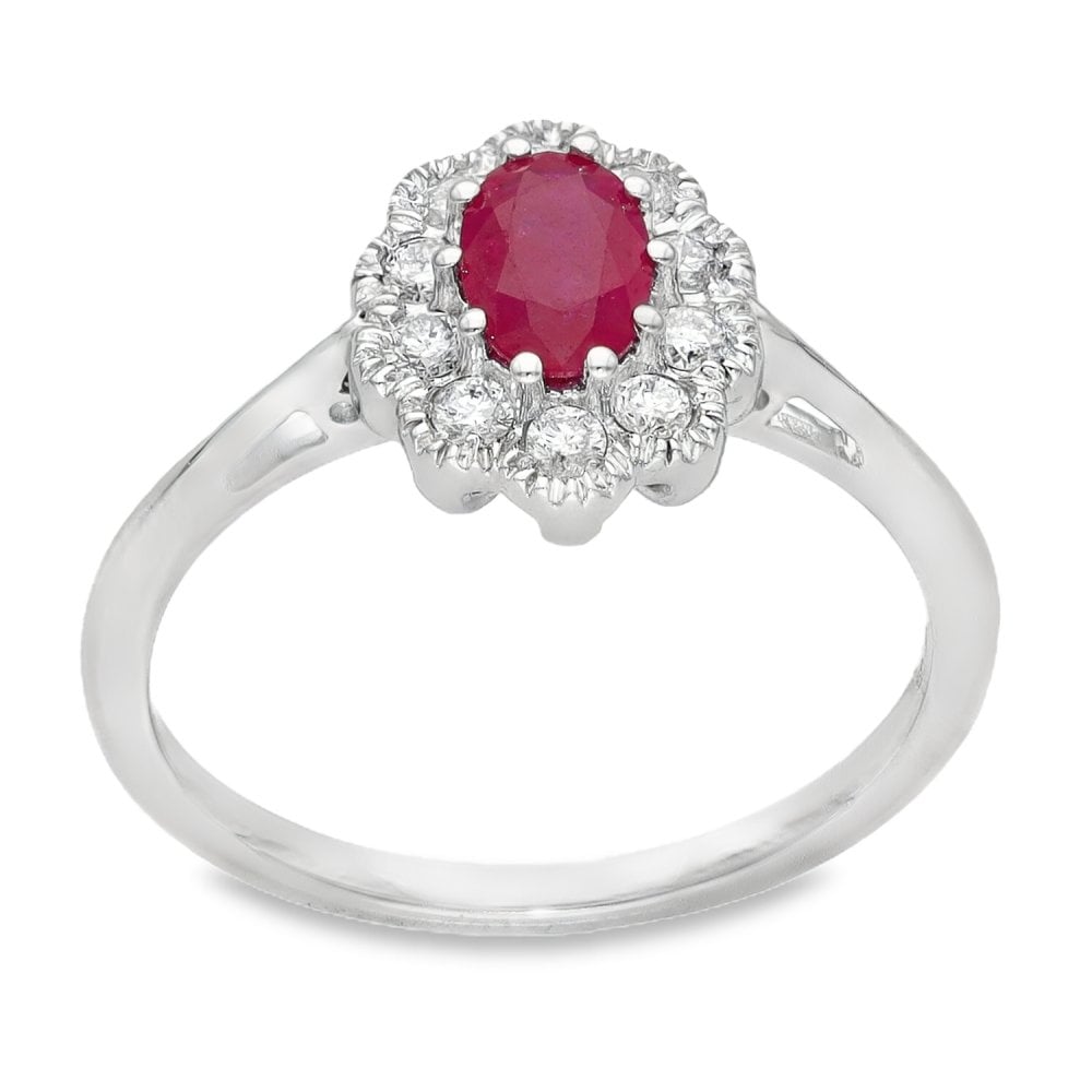 Ladies 18ct White Gold Diamond & Oval Ruby Cluster Ring
