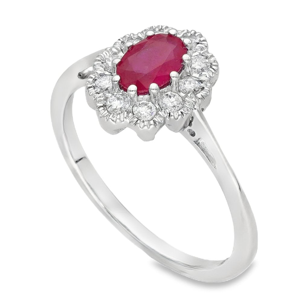 Ladies 18ct White Gold Diamond & Oval Ruby Cluster Ring