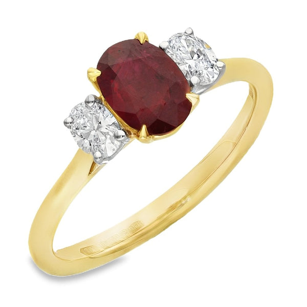 Ladies 18ct Yellow Gold Oval Ruby & Diamond Trilogy Ring