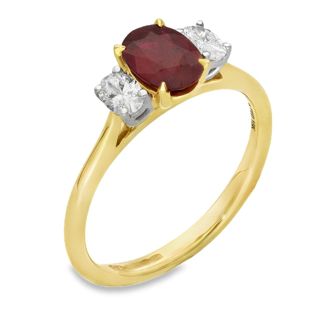 Ladies 18ct Yellow Gold Oval Ruby & Diamond Trilogy Ring