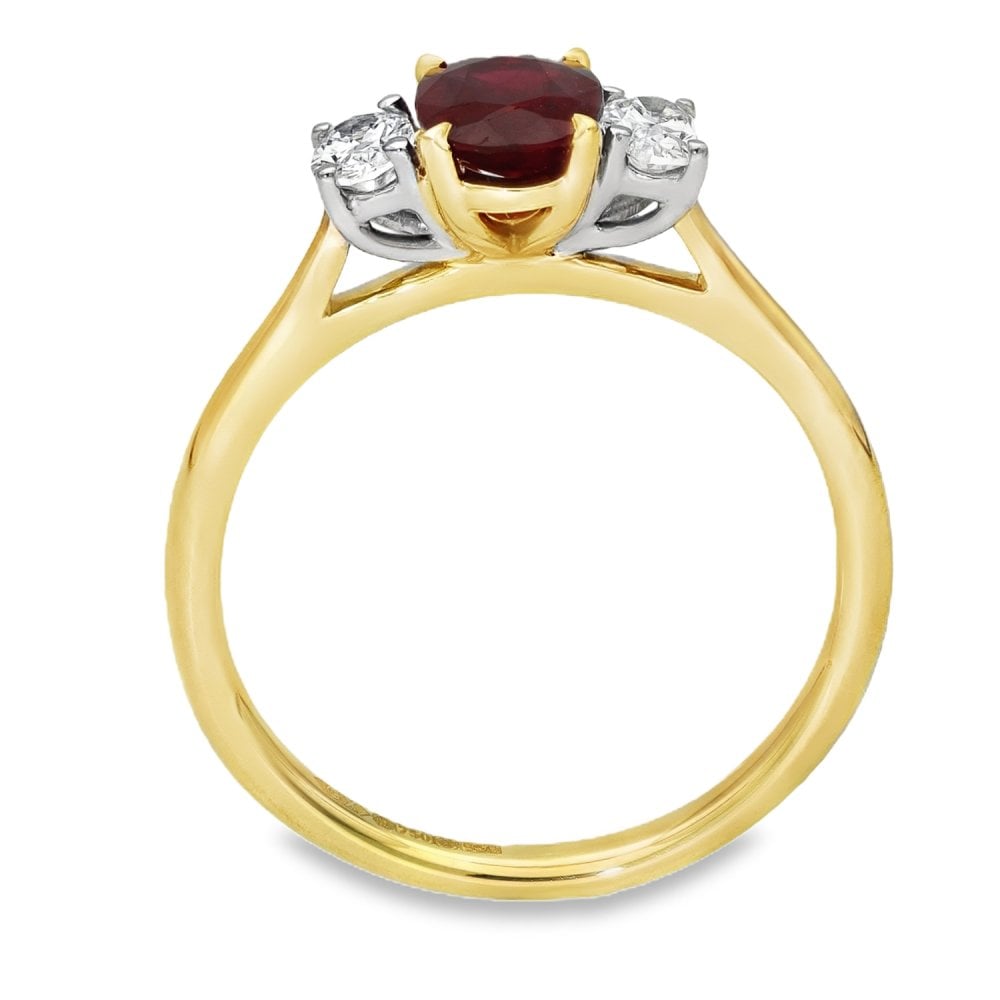 Ladies 18ct Yellow Gold Oval Ruby & Diamond Trilogy Ring