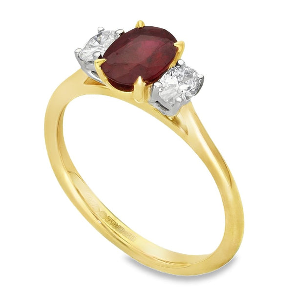 Ladies 18ct Yellow Gold Oval Ruby & Diamond Trilogy Ring