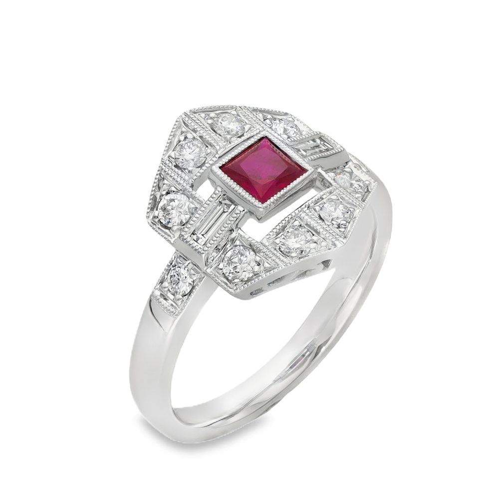 Ladies 18ct White Gold Ruby & Diamond Cluster Ring