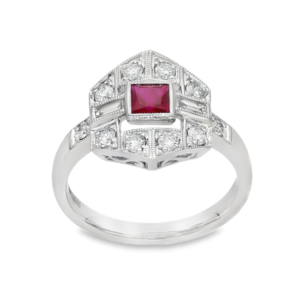 Ladies 18ct White Gold Ruby & Diamond Cluster Ring