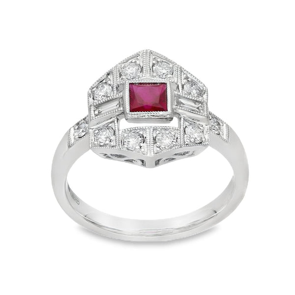 Ladies 18ct White Gold Ruby & Diamond Cluster Ring