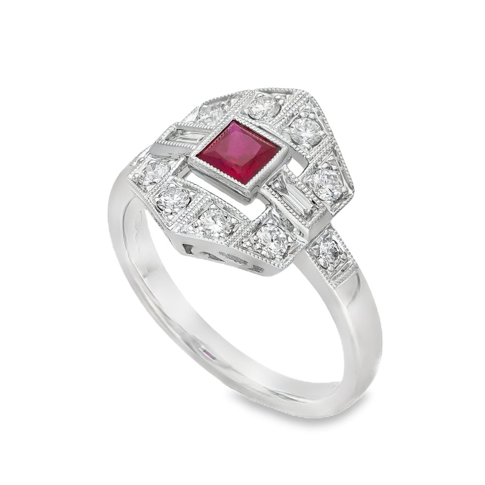 Ladies 18ct White Gold Ruby & Diamond Cluster Ring