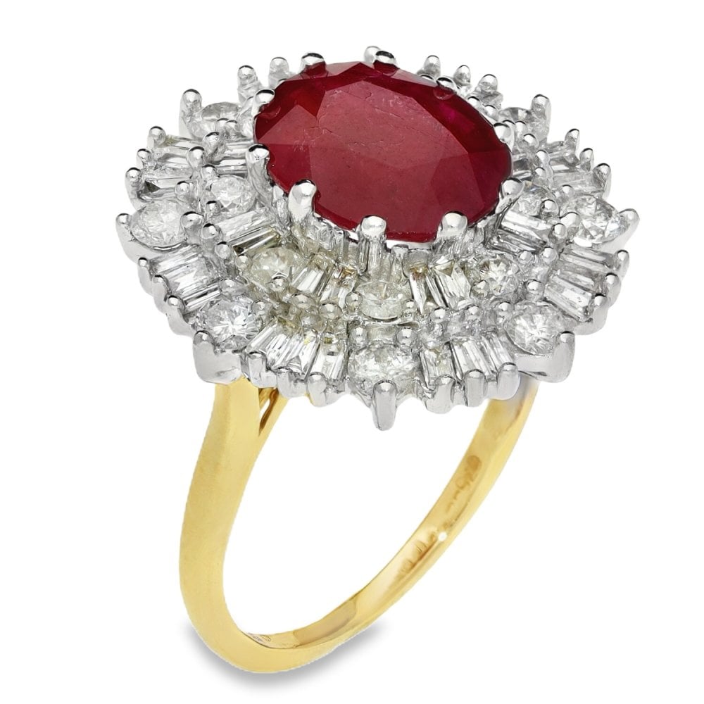 Ladies 9ct Yellow Gold Diamond & Ruby Cluster Ring - Size N