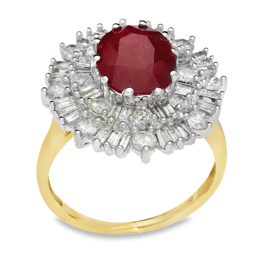 Ladies 9ct Yellow Gold Diamond & Ruby Cluster Ring - Size N