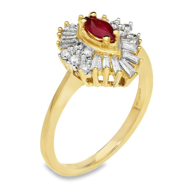 9ct Yellow Gold Diamond & Marquise Ruby Cluster Ring - Size M