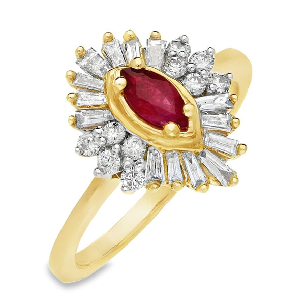 9ct Yellow Gold Diamond & Marquise Ruby Cluster Ring - Size M