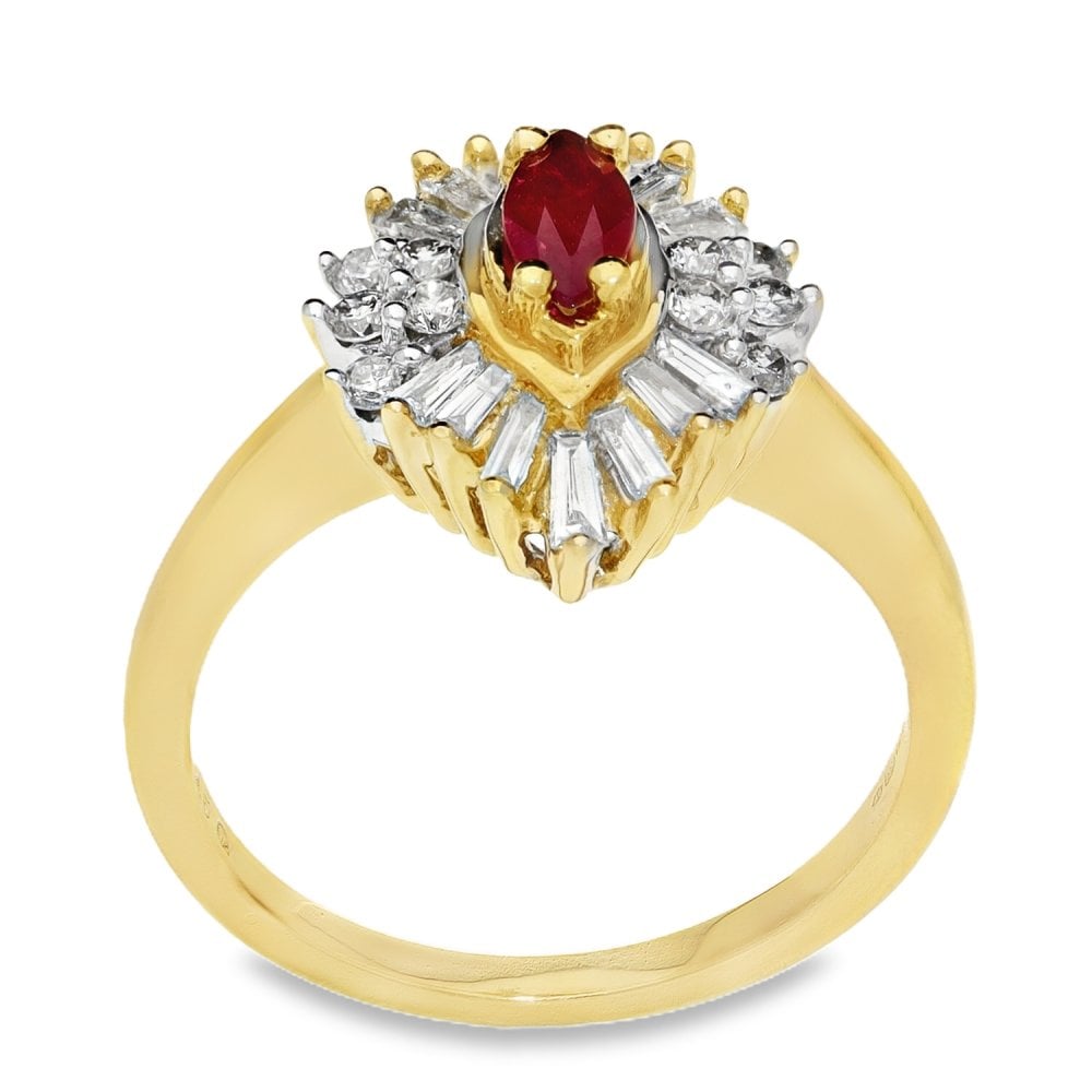 9ct Yellow Gold Diamond & Marquise Ruby Cluster Ring - Size M
