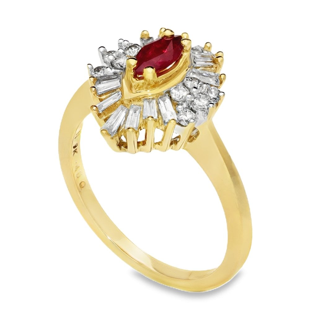 9ct Yellow Gold Diamond & Marquise Ruby Cluster Ring - Size M