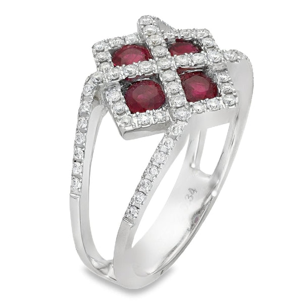 18ct White Gold Ruby & Diamond Cluster Ring - Size K - 0.34ct