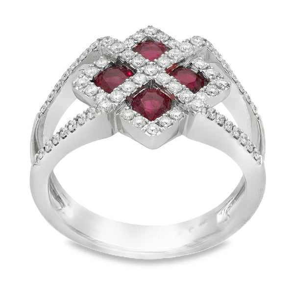 18ct White Gold Ruby & Diamond Cluster Ring - Size K - 0.34ct