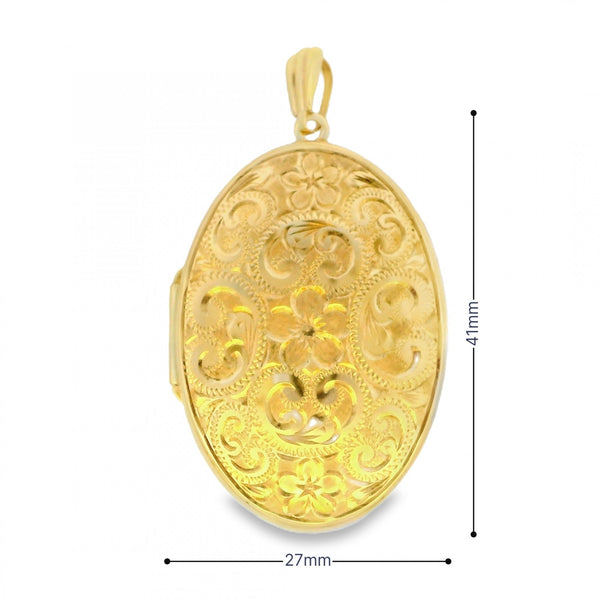 9ct Yellow Gold Flower Patterned Locket - 27x41x8mm - 10.3g