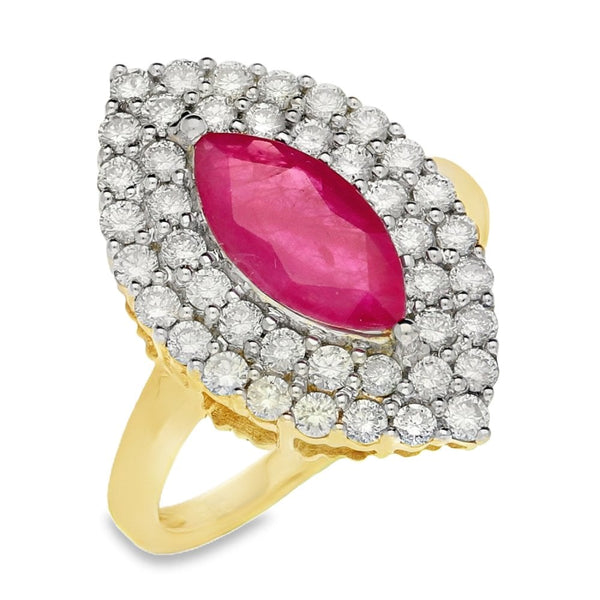 Ladies 9ct Yellow Gold Ruby & Diamond Marquise Cluster Ring