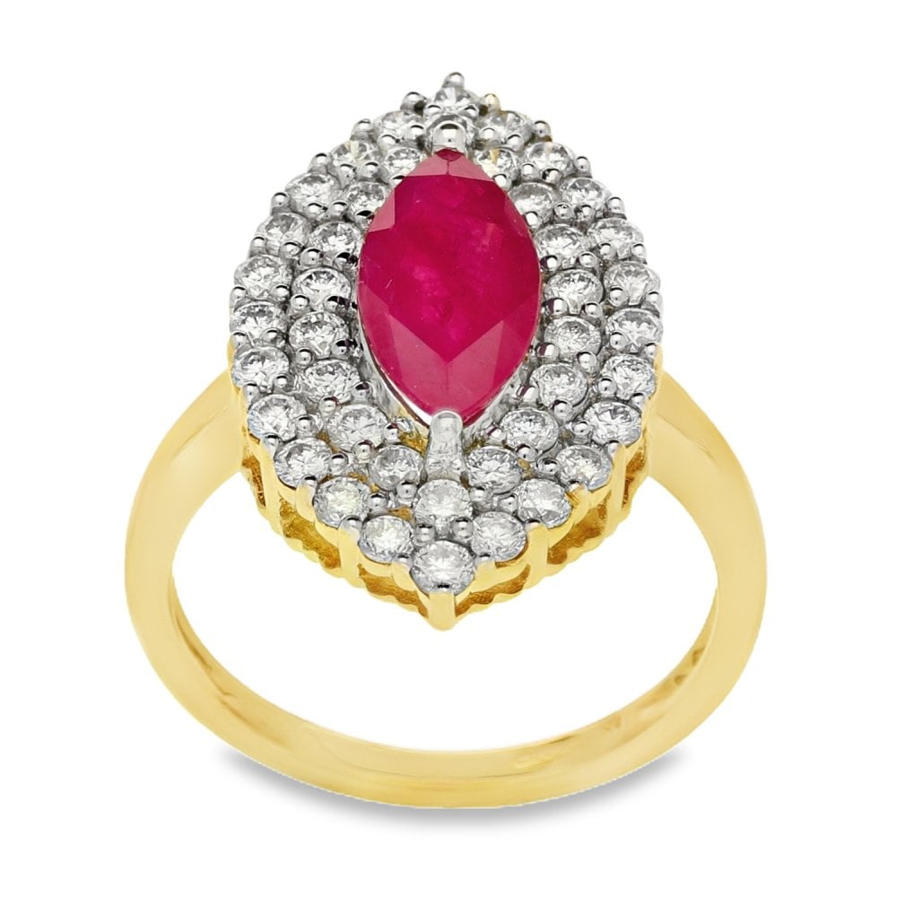 Ladies 9ct Yellow Gold Ruby & Diamond Marquise Cluster Ring