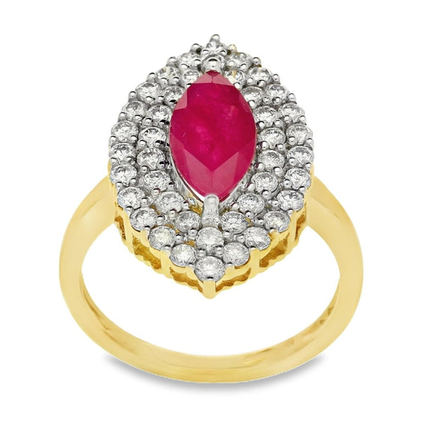 Ladies 9ct Yellow Gold Ruby & Diamond Marquise Cluster Ring
