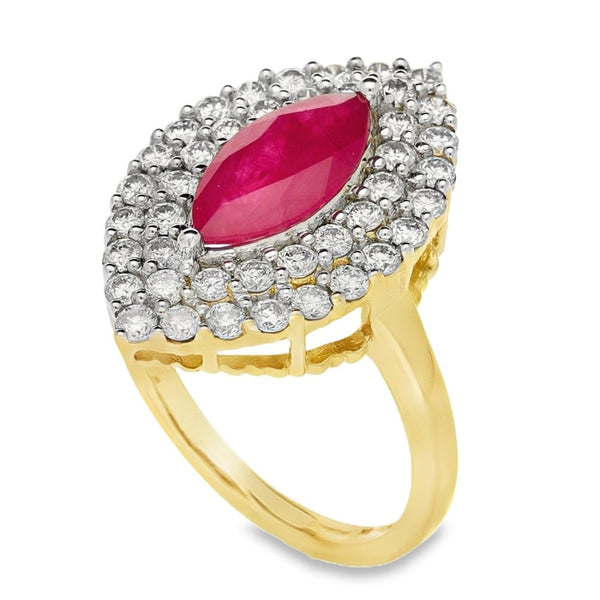 Ladies 9ct Yellow Gold Ruby & Diamond Marquise Cluster Ring