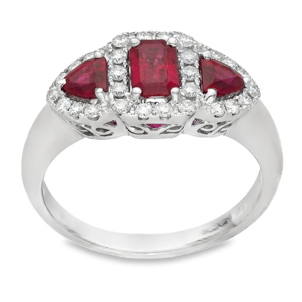 Ladies 18ct White Gold Diamond & Ruby Row Ring - Size P