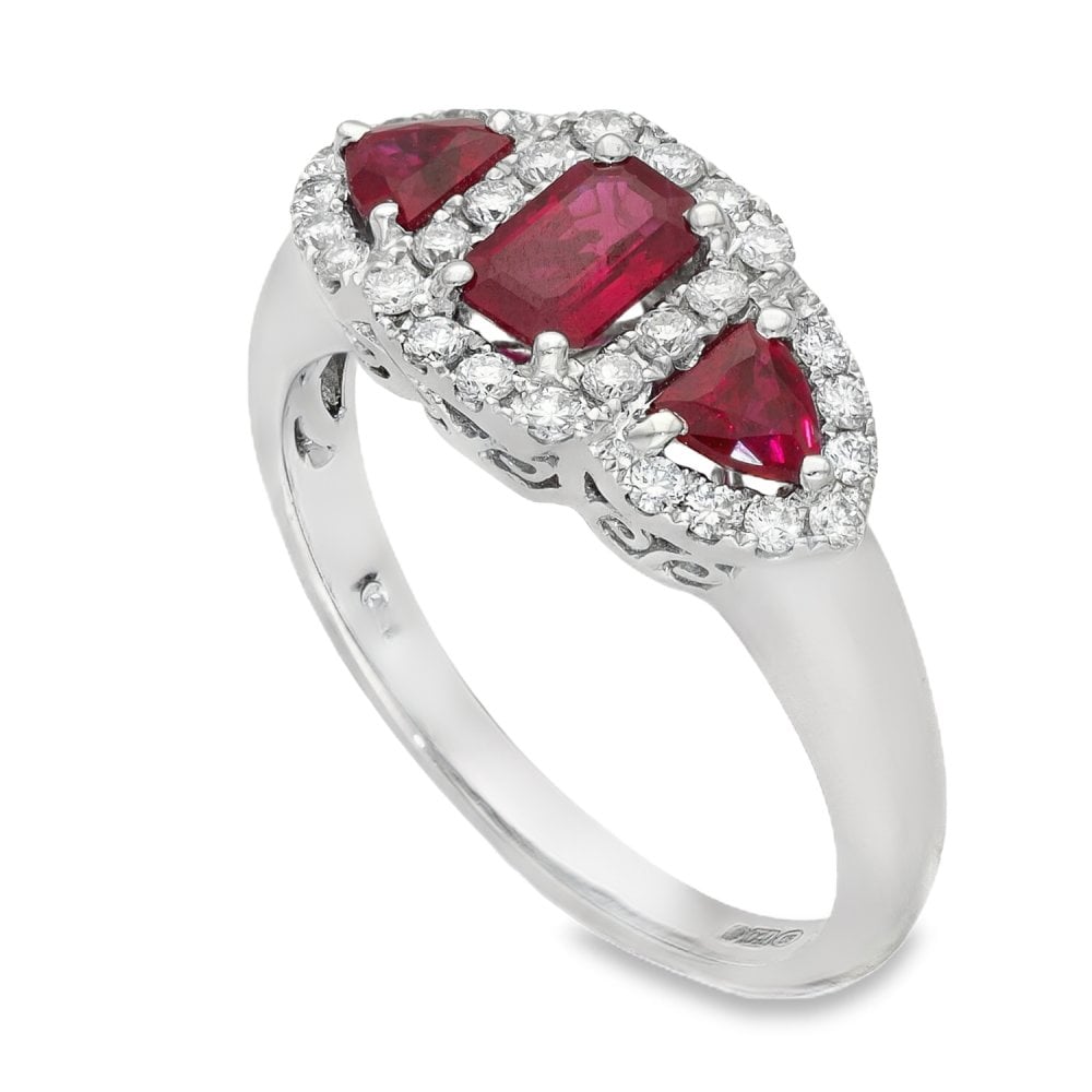 Ladies 18ct White Gold Diamond & Ruby Row Ring - Size P