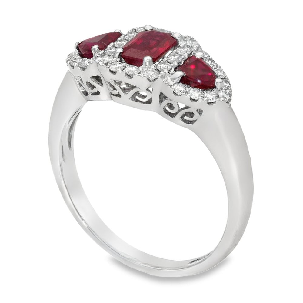 Ladies 18ct White Gold Diamond & Ruby Row Ring - Size P
