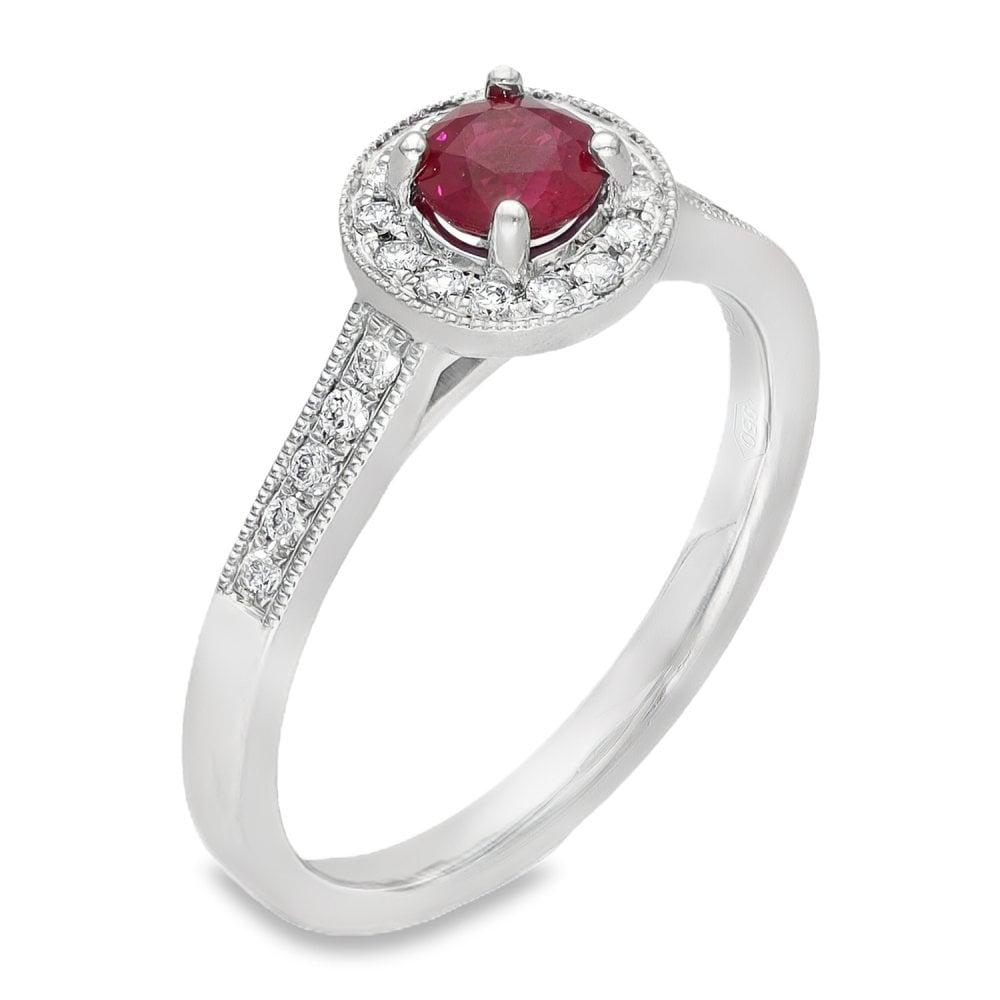 950 Platinum Ruby & Diamond Halo Ring - Size M