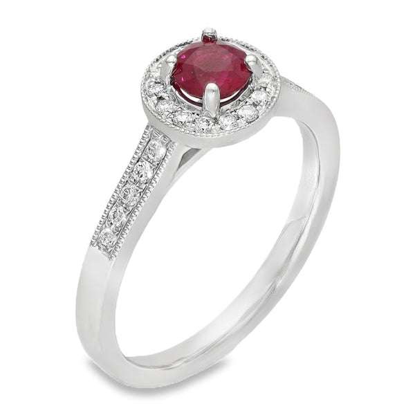 950 Platinum Ruby & Diamond Halo Ring - Size M