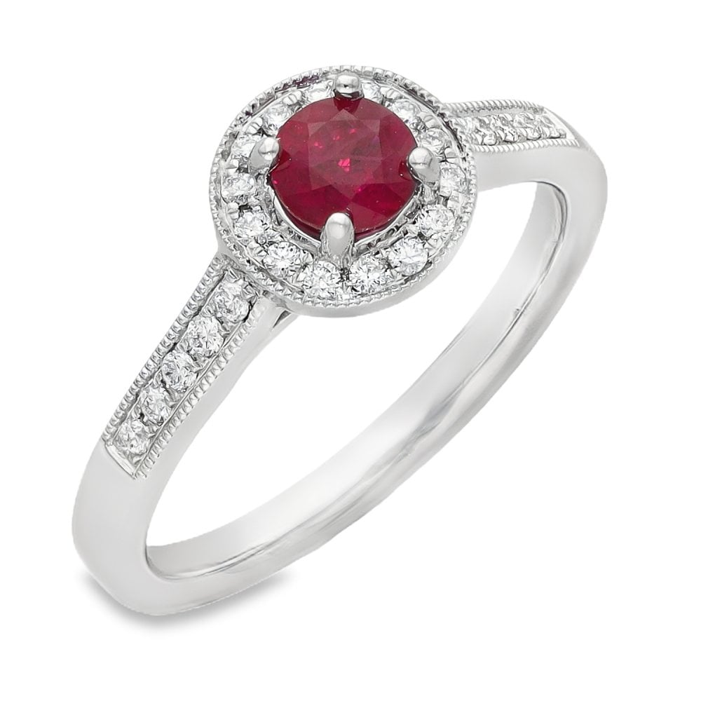 950 Platinum Ruby & Diamond Halo Ring - Size M