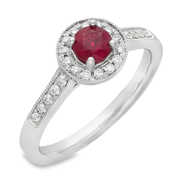 950 Platinum Ruby & Diamond Halo Ring - Size M