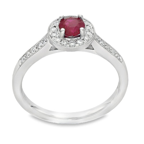 950 Platinum Ruby & Diamond Halo Ring - Size M