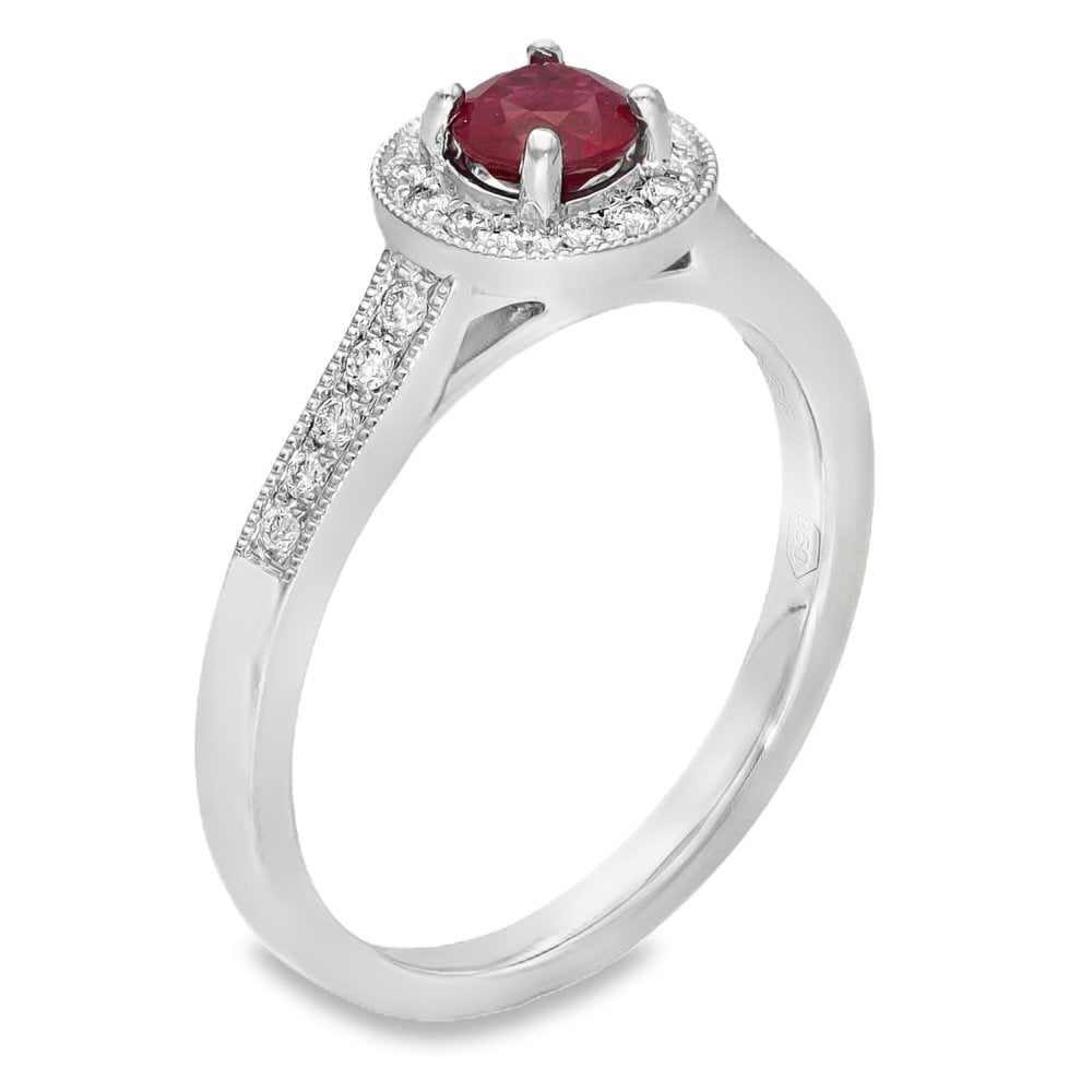 950 Platinum Ruby & Diamond Halo Ring - Size M