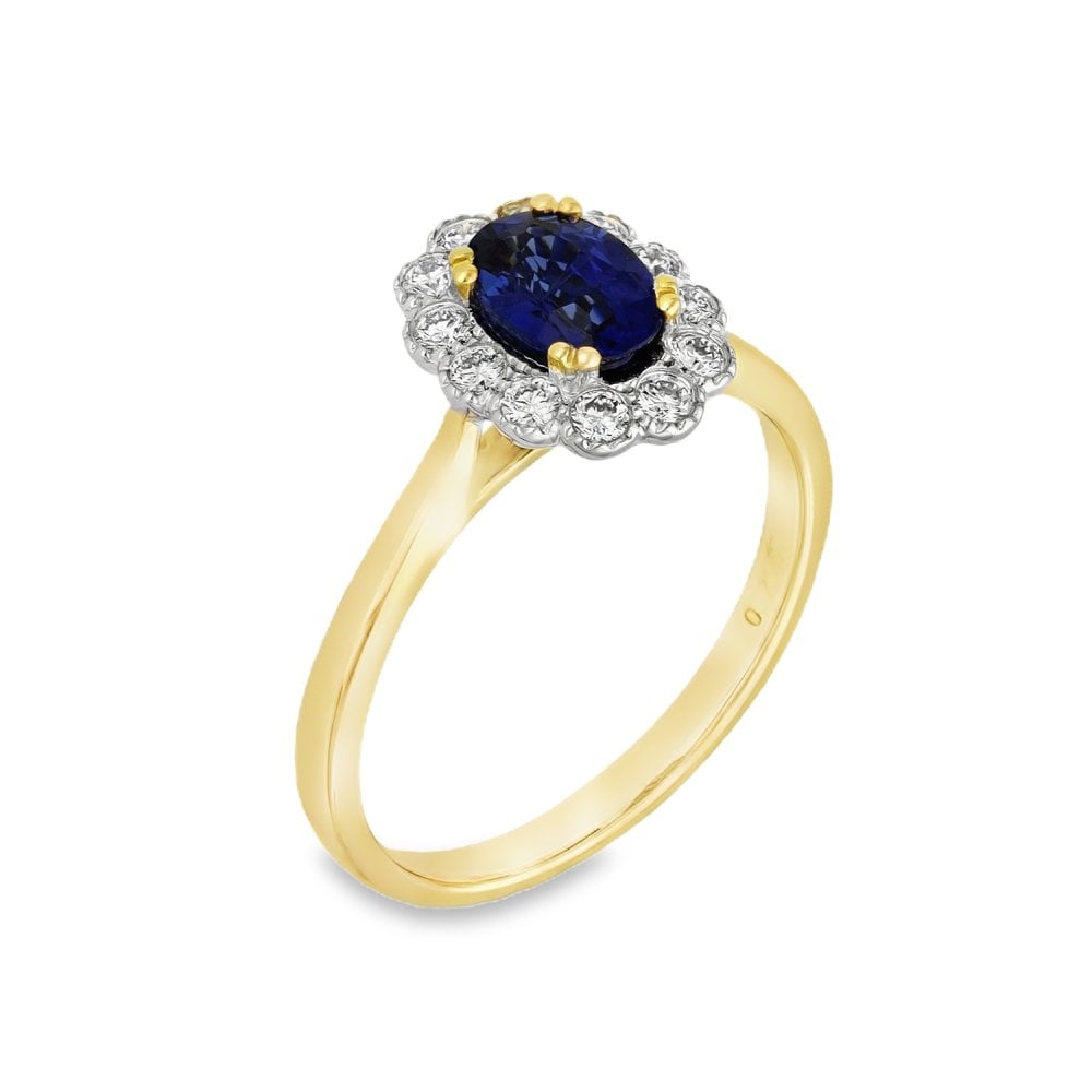 18ct Yellow Gold Diamond & Sapphire Cluster Ring - Size M