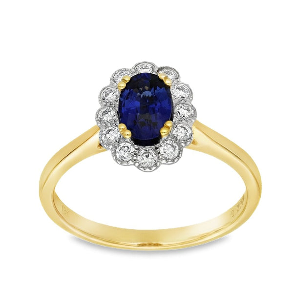 18ct Yellow Gold Diamond & Sapphire Cluster Ring - Size M
