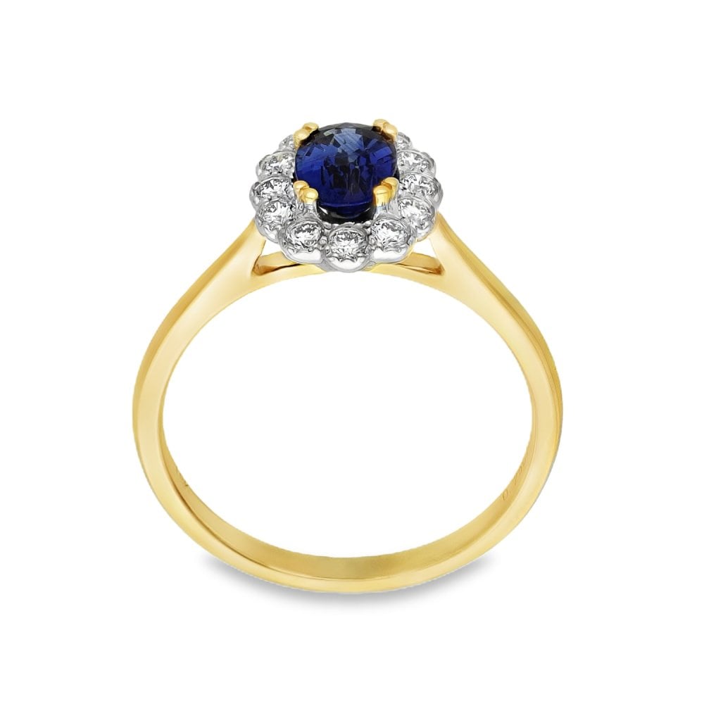 18ct Yellow Gold Diamond & Sapphire Cluster Ring - Size M