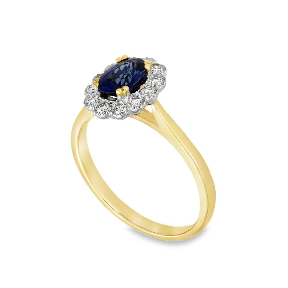 18ct Yellow Gold Diamond & Sapphire Cluster Ring - Size M