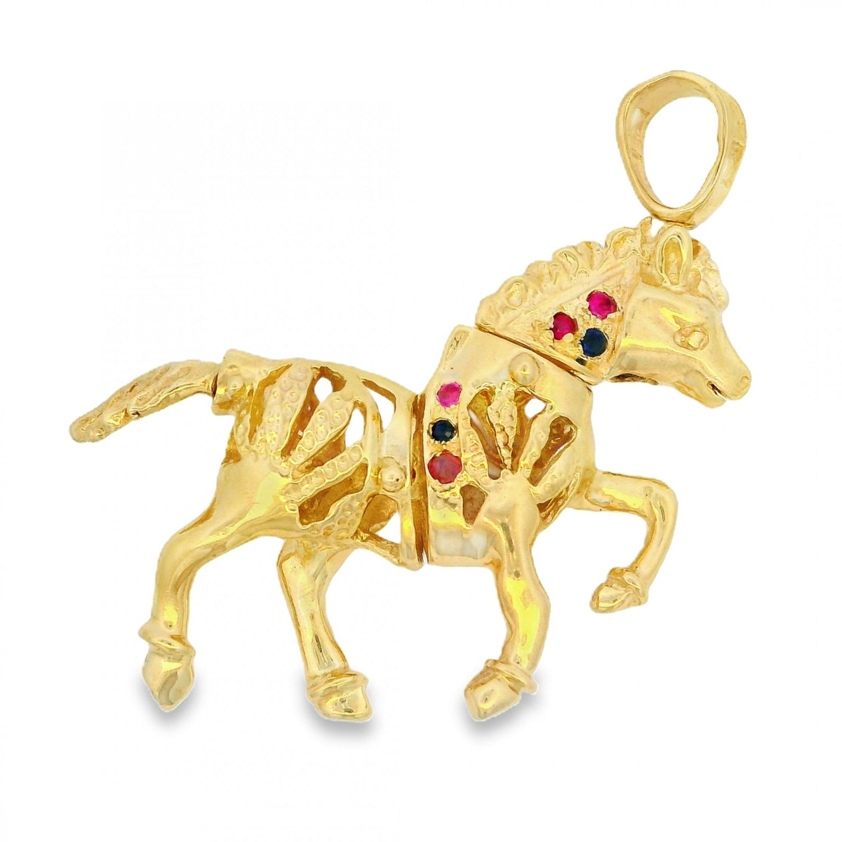 9ct Yellow Gold Ruby & Sapphire Racehorse Pendant - 35x35x8mm