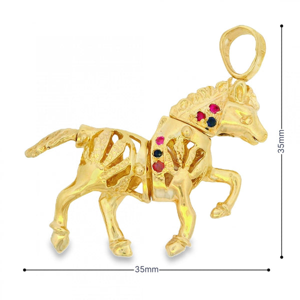 9ct Yellow Gold Ruby & Sapphire Racehorse Pendant - 35x35x8mm