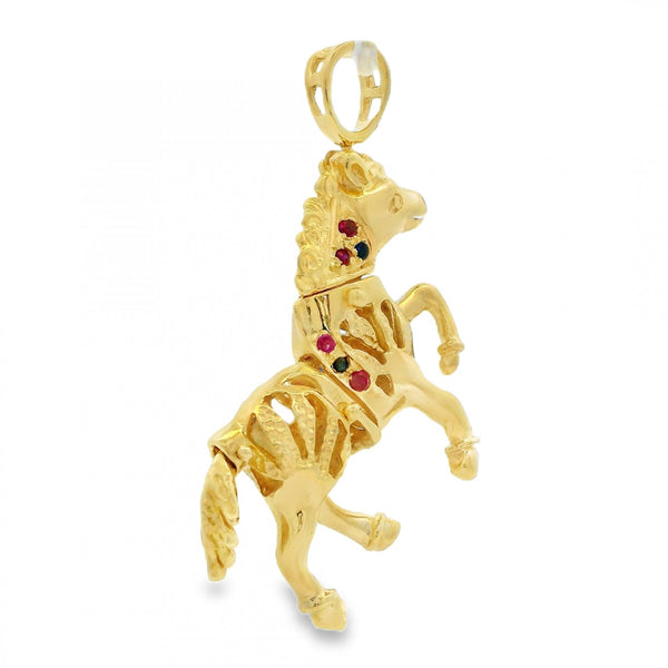 9ct Yellow Gold Ruby & Sapphire Racehorse Pendant - 35x35x8mm