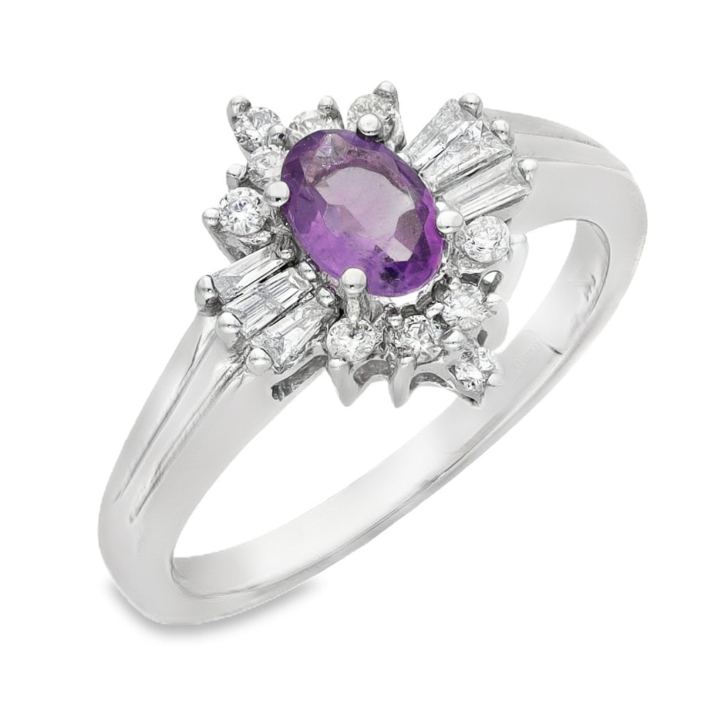 Ladies 9ct White Gold Diamond & Amethyst Cluster Ring