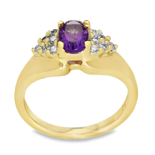 Ladies 9ct Yellow Gold Amethyst & Diamond Ring - Size N