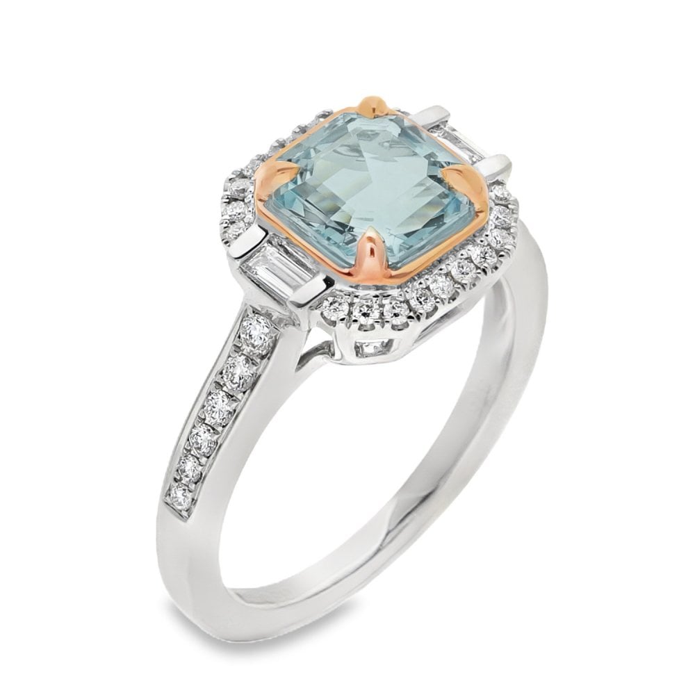 9ct White & Rose Gold Aquamarine & Diamond Ring - Size M -0.35ct