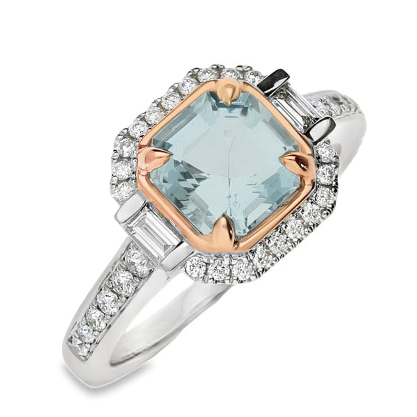 9ct White & Rose Gold Aquamarine & Diamond Ring - Size M -0.35ct